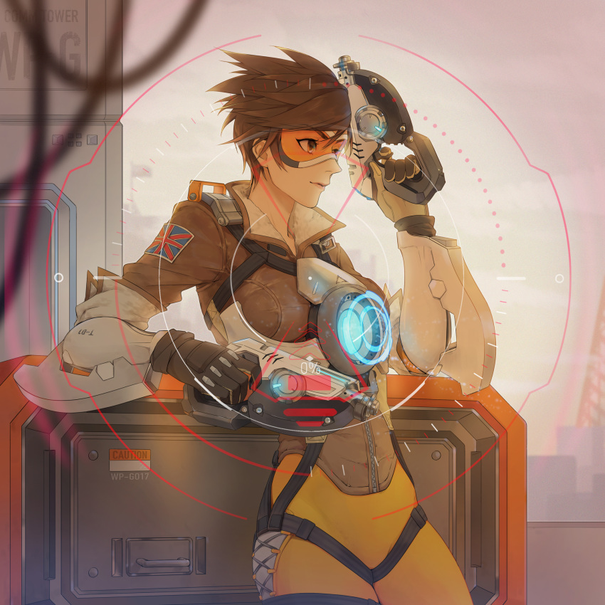 1girl, bodysuit, bomber_jacket, brown_hair, brown_jacket, dual_wielding, gameplay_mechanics, goggles