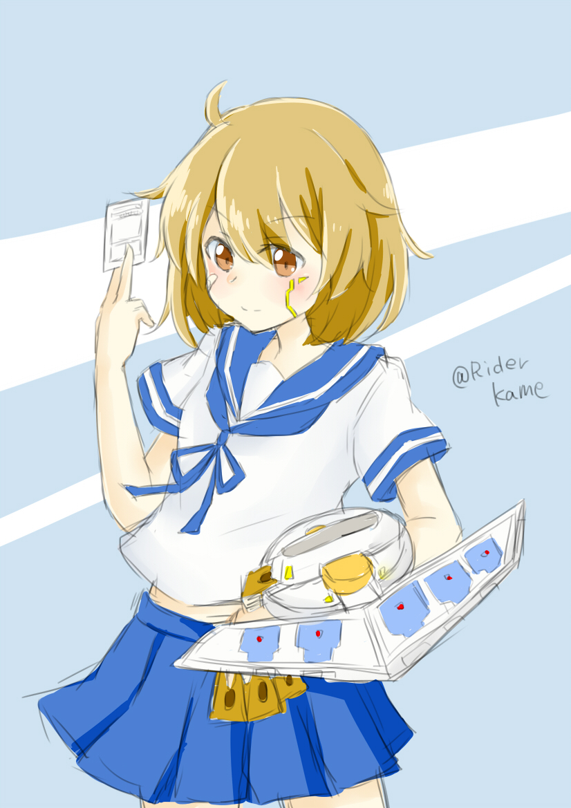 >:), 1girl, bandaid, bandaid_on_face, brown_eyes, card, duel_disk, fudou_yuusei