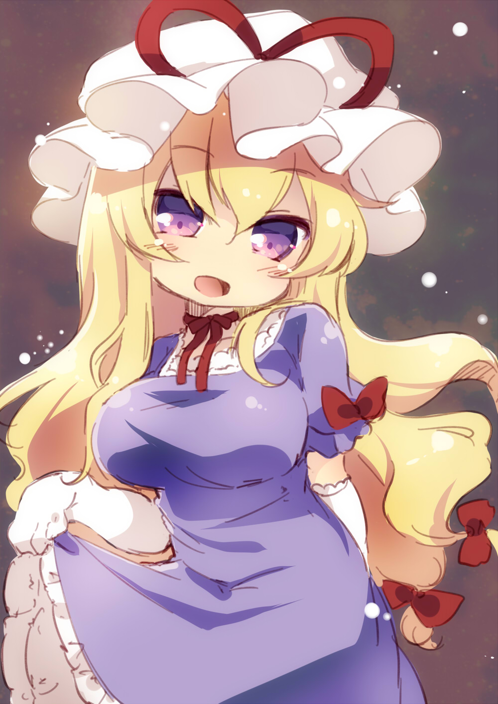 1girl, blonde_hair, blush, breasts, dress, dress_lift, elbow_gloves, gloves