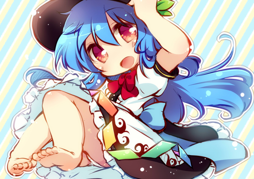 1girl, barefoot, black_skirt, blouse, blue_hair, blue_ribbon, blush, bow