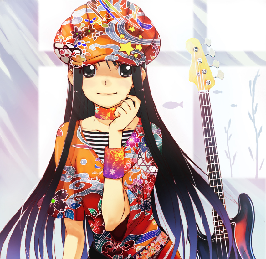 70s, armband, bass_guitar, black_eyes, black_hair, cabbie_hat, choker, guitar