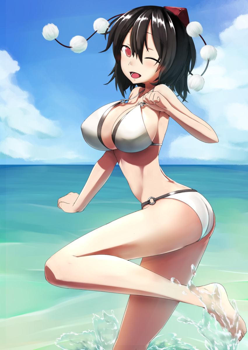 1girl, ass, barefoot, bikini, black_hair, breasts, cleavage, denki_(biribiri)
