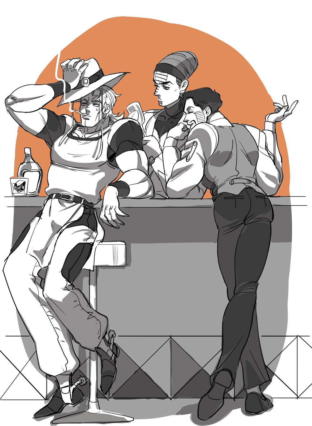 3boys, alcohol, bar, bar_stool, cigarette, closed_eyes, cowboy_hat, daniel_d'arby, facial_hair, facial_mark, hat, headband, highres, hol_horse, jojo_no_kimyou_na_bouken, maitake_(cbe08253), male_focus, monochrome, multiple_boys, mustache, smile, smoke, smoking, spurs, stool, sweatdrop, tattoo, terence_trent_d'arby, turtleneck, vest