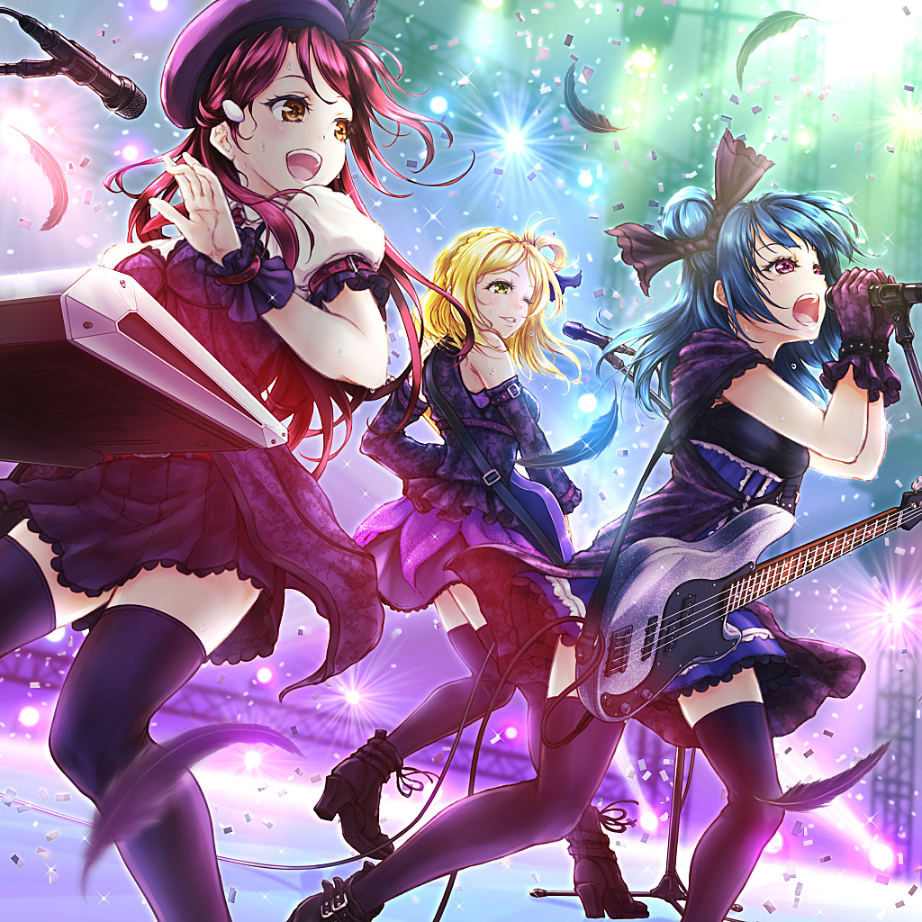 3girls, blonde_hair, blue_hair, electric_guitar, guilty_kiss_(love_live!), guitar, instrument, keyboard_(instrument)