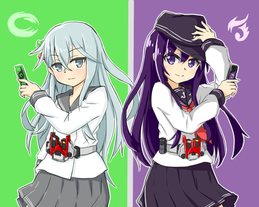 >:), 2girls, akatsuki_(kantai_collection), commentary, female, flat_cap, gaia_memory, grey_eyes, hat, henshin_pose, hibiki_(kantai_collection), kame_rider, kamen_rider, kamen_rider_double, kamen_rider_w, kantai_collection, long_hair, multiple_girls, neckerchief, pleated_skirt, purple_hair, rider_belt, school_uniform, serafuku, skirt, verniy_(kantai_collection), violet_eyes