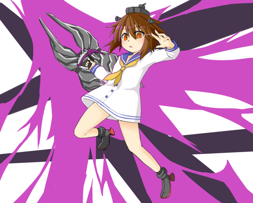 1girl, brown_hair, check_commentary, commentary, commentary_request, dress, headgear, kame_rider