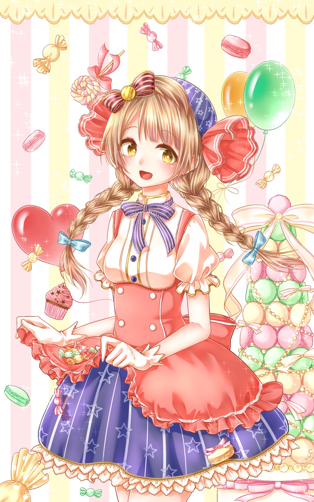 1girl, alternate_hairstyle, balloon, braid, candy, highres, kishikino, light_brown_hair