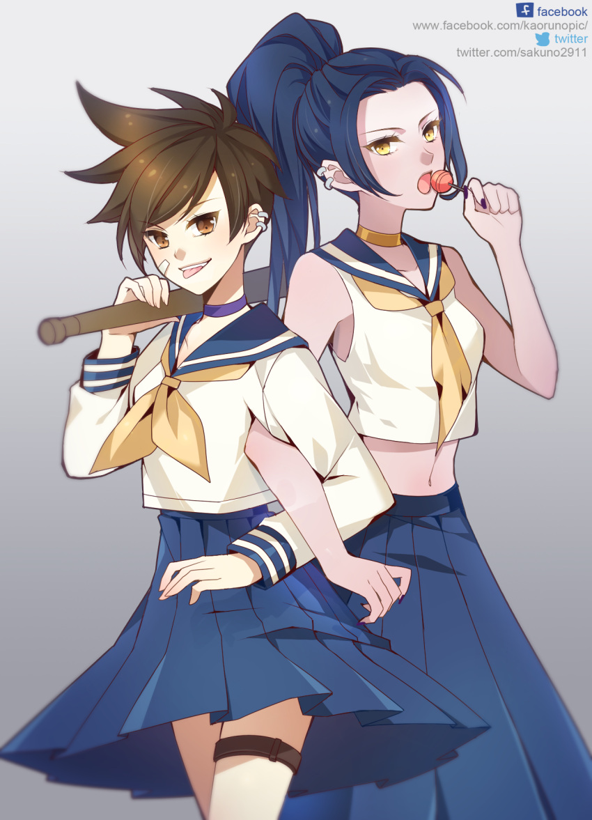 2girls, alternate_skin_color, ascot, atobesakunolove, bandaid, bandaid_on_cheek, bandaid_on_face, bare_shoulders, baseball_bat, blue_skirt, brown_eyes, brown_hair, candy, choker, collarbone, crop_top, ear_piercing, eyelashes, facebook_address, food, gradient, gradient_background, hand_up, highres, holding, holding_food, lollipop, long_skirt, long_sleeves, midriff, multiple_girls, nail_polish, open_mouth, over_shoulder, overwatch, piercing, pleated_skirt, ponytail, purple_hair, purple_nails, sailor_collar, school_uniform, serafuku, shirt, skirt, sleeveless, sleeveless_shirt, smile, spiky_hair, thigh_strap, tongue, tongue_out, tracer_(overwatch), twitter_username, watermark, web_address, widowmaker_(overwatch), yellow_eyes