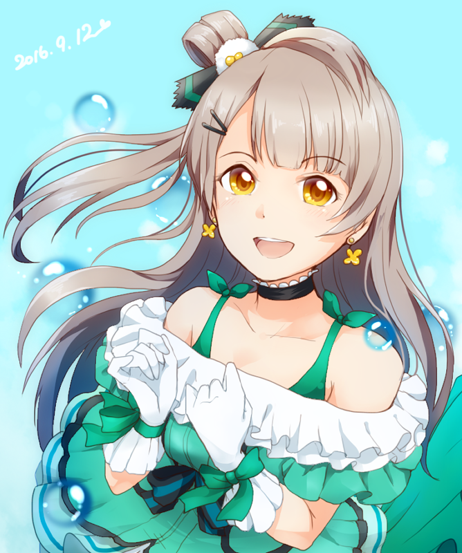 1girl, brown_hair, bubble, dated, earrings, gloves, hair_ribbon, jewelry, long_hair, looking_at_viewer, love_live!, love_live!_school_idol_project, minami_kotori, one_side_up, open_mouth, ribbon, solo, tomm0515, yellow_eyes