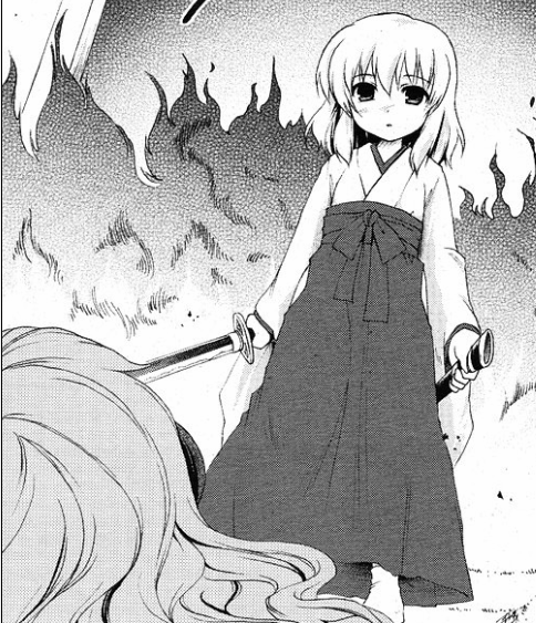 furude_ouka, hanyuu, higurashi_no_naku_koro_ni, japanese_clothes, miko, monochrome, spoilers, sword