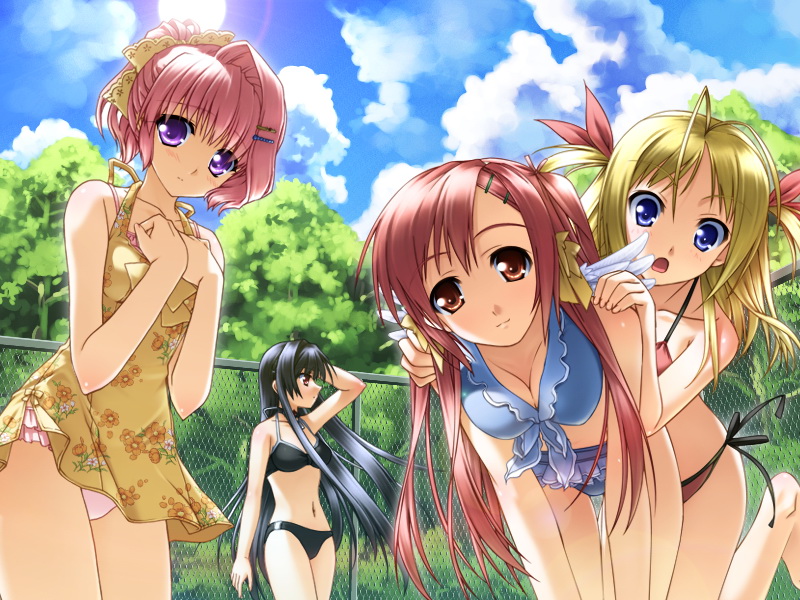angel_wings, antenna_hair, asanagi_konatsu, bent_over, bikini, black_hair, blonde_hair, blue_eyes, blush, breasts, brown_eyes, chainlink_fence, choker, cleavage, cloud, clouds, fence, frilled_bikini, frills, game_cg, hair_ornament, hair_ribbon, hairclip, hug, kirihito_konomi, kokoyori_haruka_-surrounded_sea_in_the_world-, long_hair, minase_lin, multiple_girls, murakami_suigun, open_mouth, outdoors, pink_hair, purple_eyes, ribbon, sakurakaze_urara, short_dress, short_hair, short_twintails, side-tie_bikini, sky, swimsuit, swimsuit_under_clothes, tree, twintails, two_side_up, umi, umi_(kokoyori_haruka), very_long_hair, violet_eyes, wings