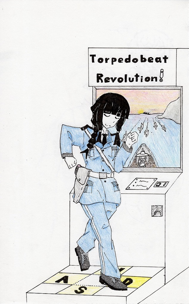 1girl, arcade_cabinet, black_hair, closed_eyes, commentary, dancing, kantai_collection, kitakami_(kantai_collection)