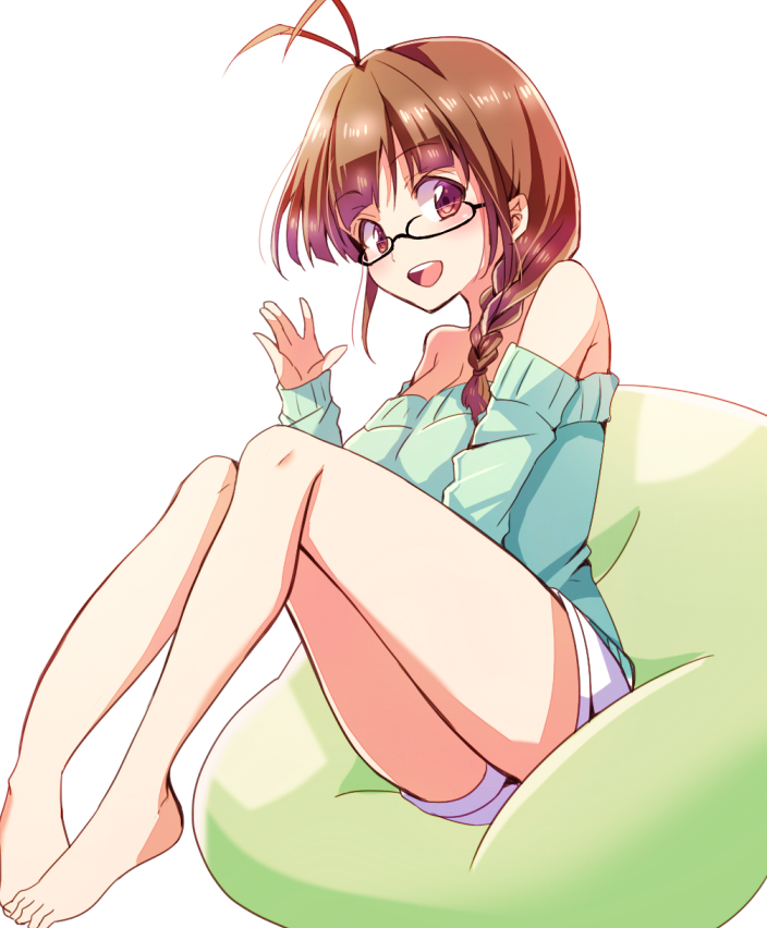 1girl, akizuki_ritsuko, antenna_hair, bare_shoulders, barefoot, bean_bag_chair, braid, brown_eyes