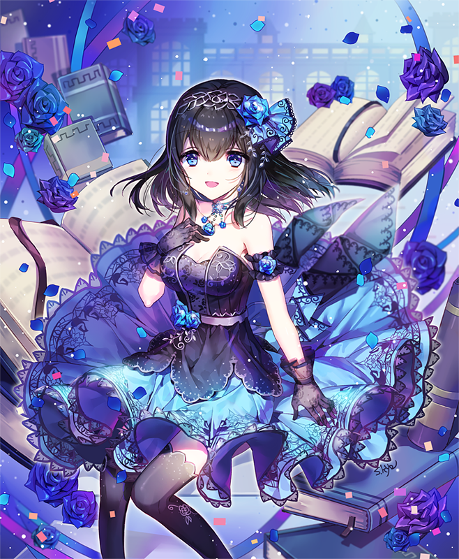 1girl, black_gloves, black_hair, black_legwear, blue_eyes, blue_rose, book, breasts
