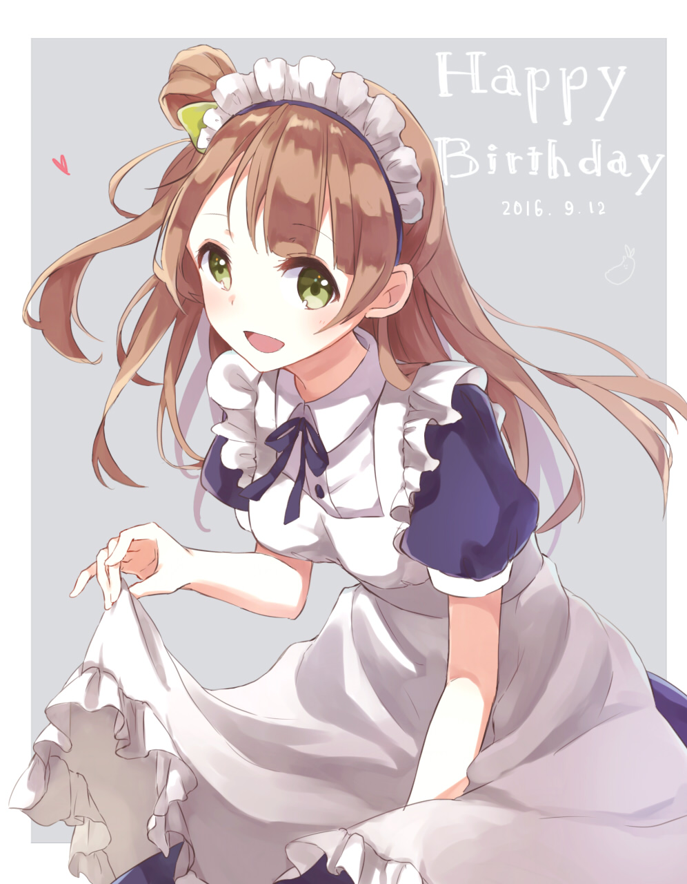 1girl, :d, apron, bangs, bow, brown_hair, dated, dress