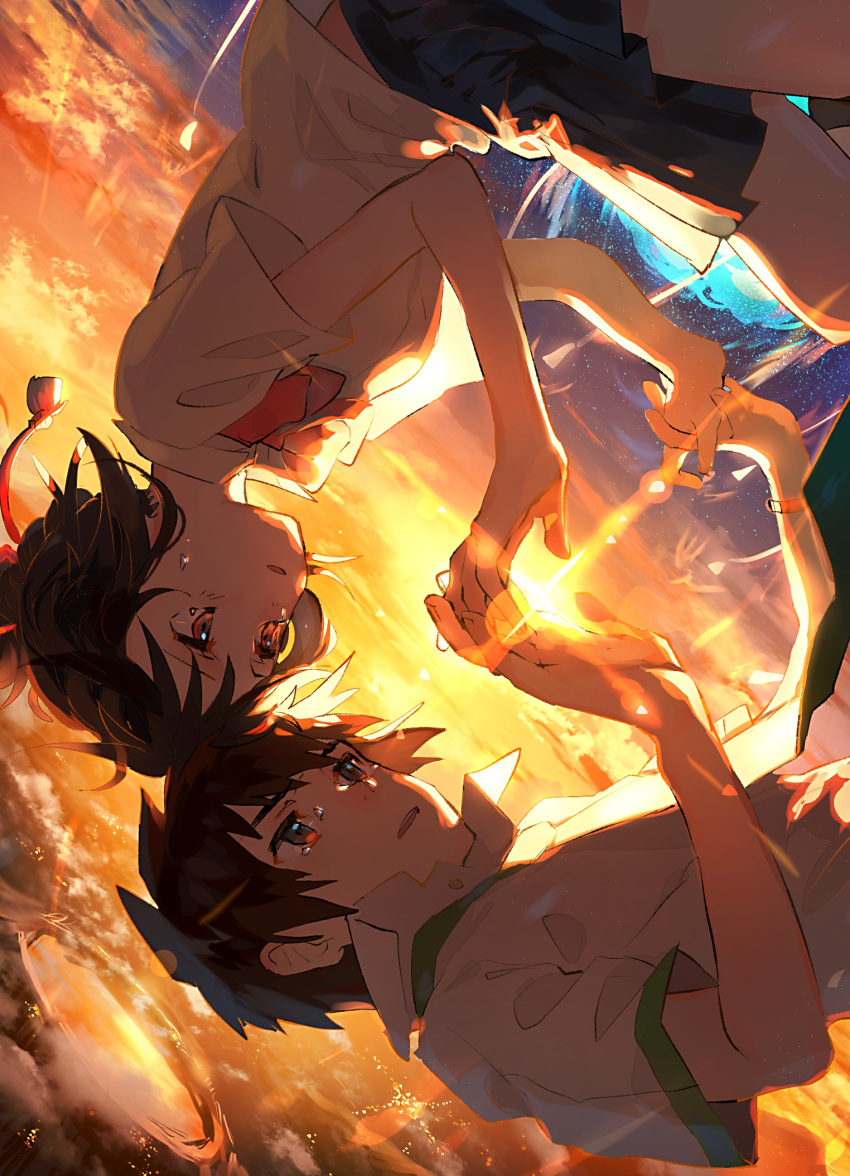 1boy, 1girl, black_hair, forehead-to-forehead, hair_ribbon, highres, kazu_(honoburo), kimi_no_na_wa, looking_at_another, miyamizu_mitsuha, ribbon, school_uniform, short_hair, sky, tachibana_taki, upside-down