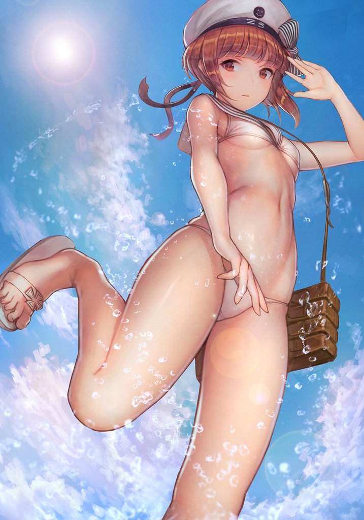 1girl, arm_up, auburn_hair, bag, bangs, bikini, breasts, clothes_writing, eyebrows, eyebrows_visible_through_hair, flat_chest, from_below, hat, kantai_collection, looking_at_viewer, looking_down, navel, ribbon, sailor_bikini, sailor_collar, sailor_hat, sandals, short_hair, sky, small_breasts, solo, standing, standing_on_one_leg, sun, swimsuit, under_boob, urokoda, water, white_bikini, white_hat, z3_max_schultz_(kantai_collection)