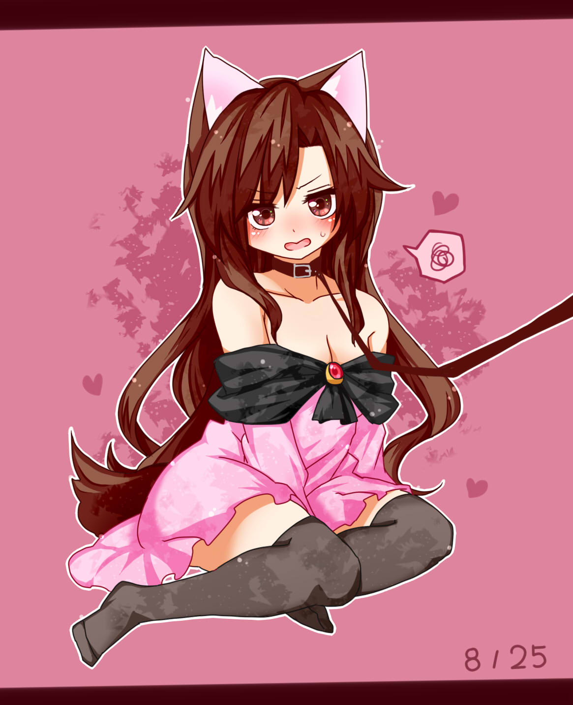 1girl, animal_ears, bdsm, between_legs, brown_hair, d:<, dated, dress, hand_between_legs, highres, imaizumi_kagerou, kuroshiroduet, leash, long_hair, off_shoulder, pink_background, short_dress, sitting, solo, spoken_squiggle, squiggle, sweat, tail, thigh-highs, touhou, wolf_ears, wolf_tail, yokozuwari, zettai_ryouiki