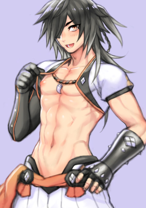 1boy, abs, black_hair, blush, cosplay, fingerless_gloves, folks_(nabokof), gloves