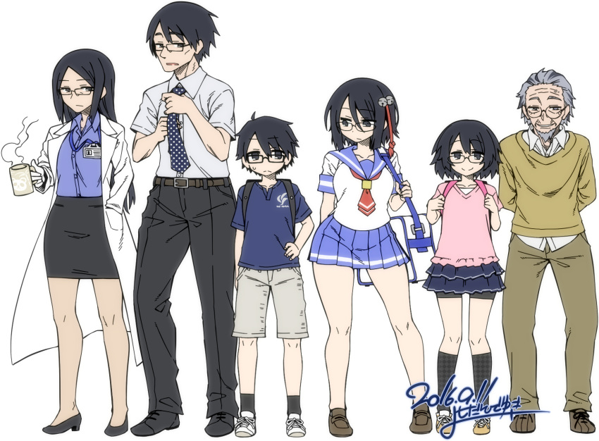 3boys, 3girls, adjusting_clothes, adjusting_necktie, arms_behind_back, beard, bike_shorts, black_eyes