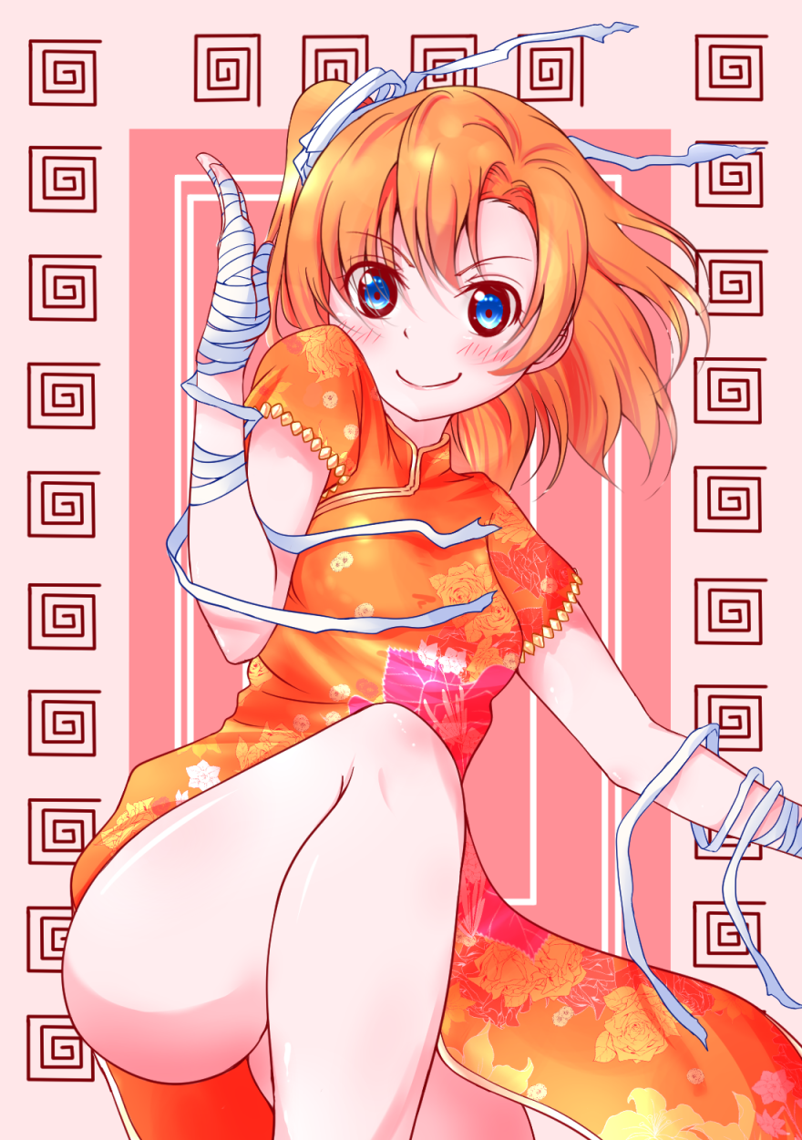 1girl, bandaged_hands, blue_eyes, china_dress, chinese_clothes, dress, highres, honomask