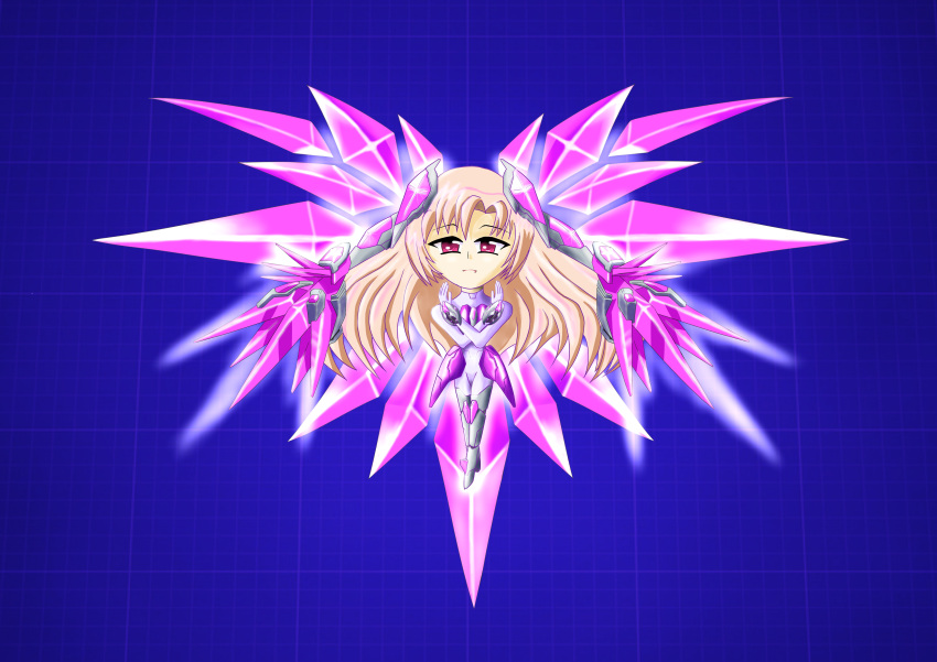 1girl, absurdres, aircraft, blonde_hair, crystal, emp_cannon_(lei_ting_zhan_ji), glory_(lei_ting_zhan_ji), highres, lei_ting_zhan_ji, long_hair, mecha_musume, mechanical_wings, options, original, red_eyes, space_craft, starfighter, very_long_hair, wings