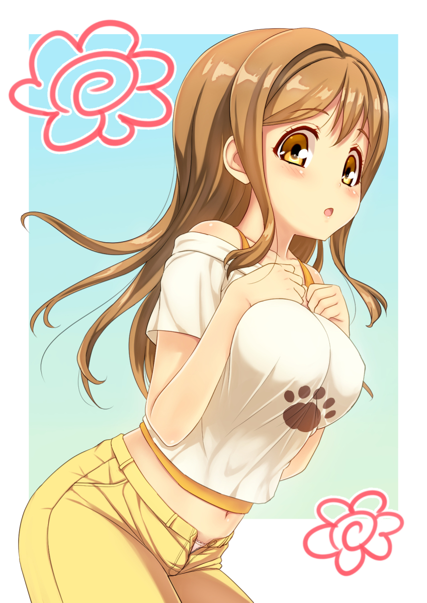 1girl, bangs, blush, breasts, brown_eyes, brown_hair, clenched_hands, commentary