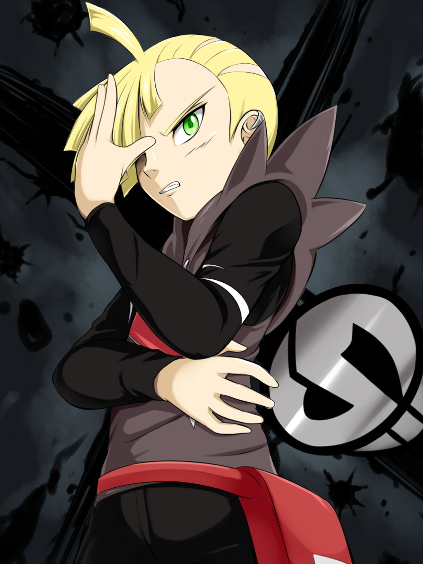 1boy, blonde_hair, covering_face, ear_piercing, from_below, gladio_(pokemon), gladion_(pokemon), green_eyes