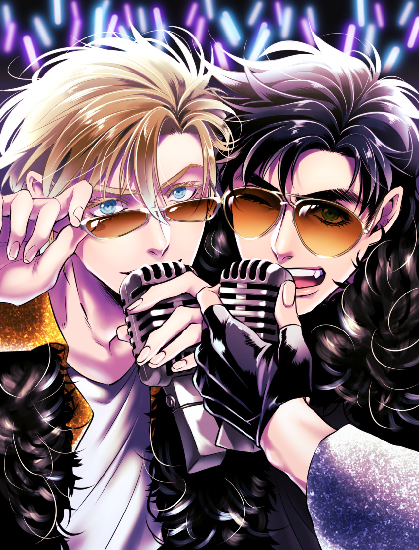 2boys, adjusting_sunglasses, black_hair, blonde_hair, blue_eyes, caesar_anthonio_zeppeli, facial_mark, fingerless_gloves