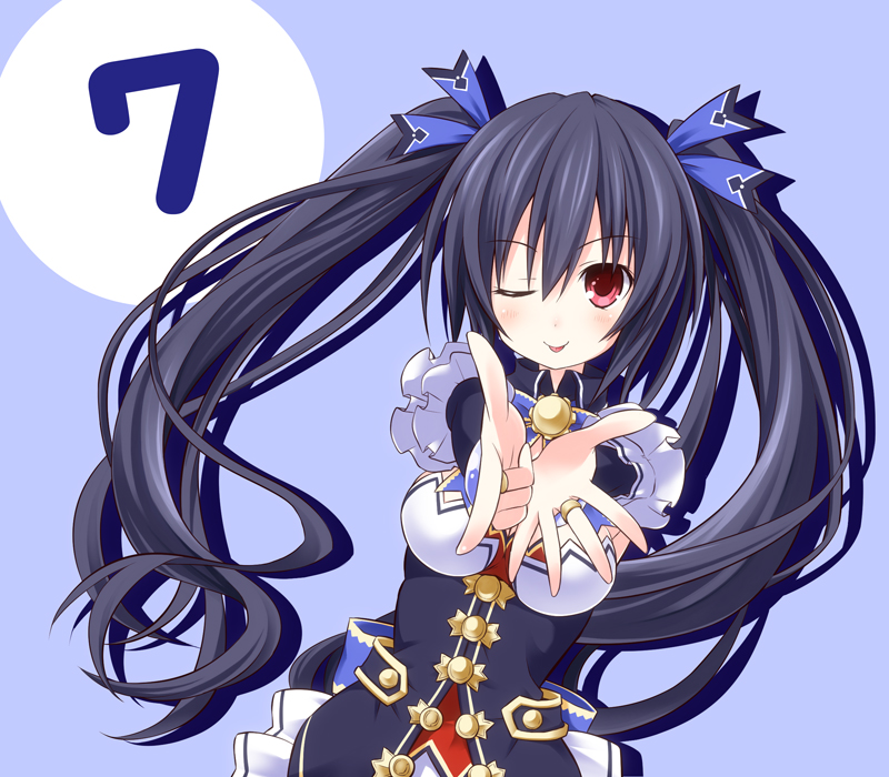 1girl, 7-tan, bare_shoulders, black_hair, blush, breasts, cleavage, hair_ornament
