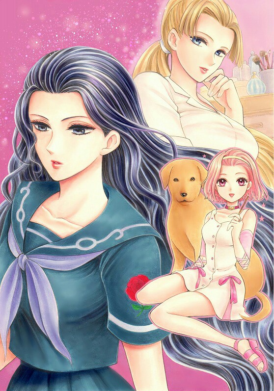 3girls, arm_warmers, arnold_(jojo), black_eyes, black_hair, blue_eyes, breasts, brown_hair