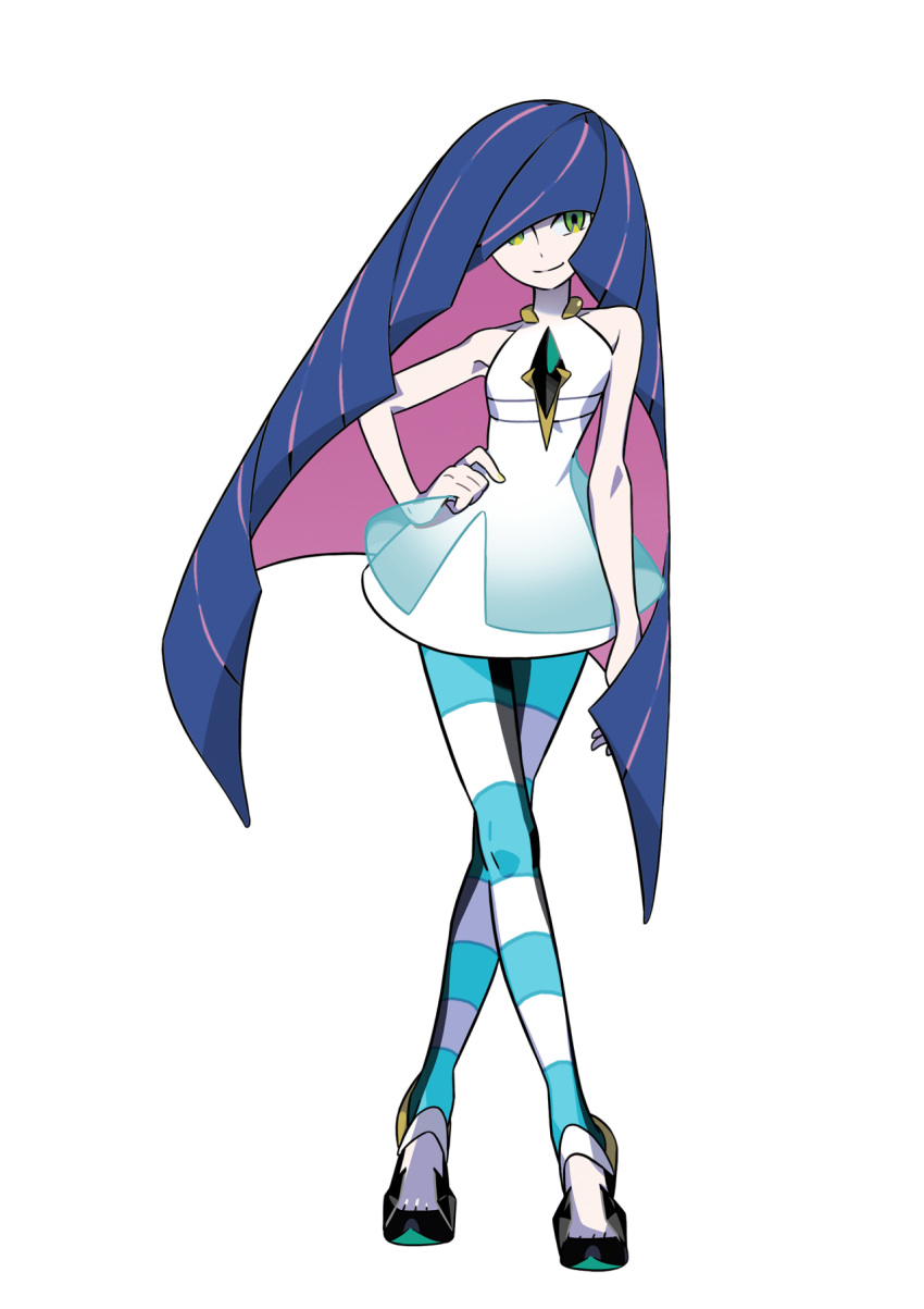 1girl, bangs, bare_arms, bare_shoulders, blue_legwear, crossed_legs, crystal, dress
