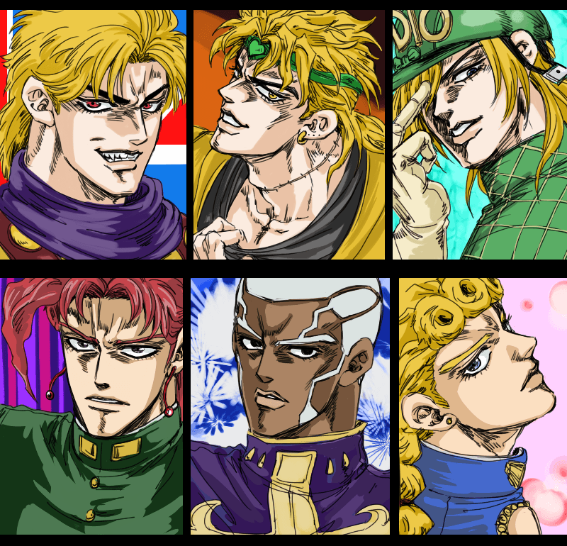birthmark, black_eyes, blonde_hair, blue_eyes, braid, bunkichi_(bun005), diego_brando, dio_brando, dual_persona, earrings, enrico_pucci, evil_grin, evil_smile, facial_hair, fangs, gakuran, giorno_giovanna, grin, hair_over_one_eye, hat, jewelry, jojo_no_kimyou_na_bouken, kakyouin_noriaki, red_eyes, redhead, scar, school_uniform, single_braid, smile, steel_ball_run, stud_earrings, white_hair, yellow_eyes