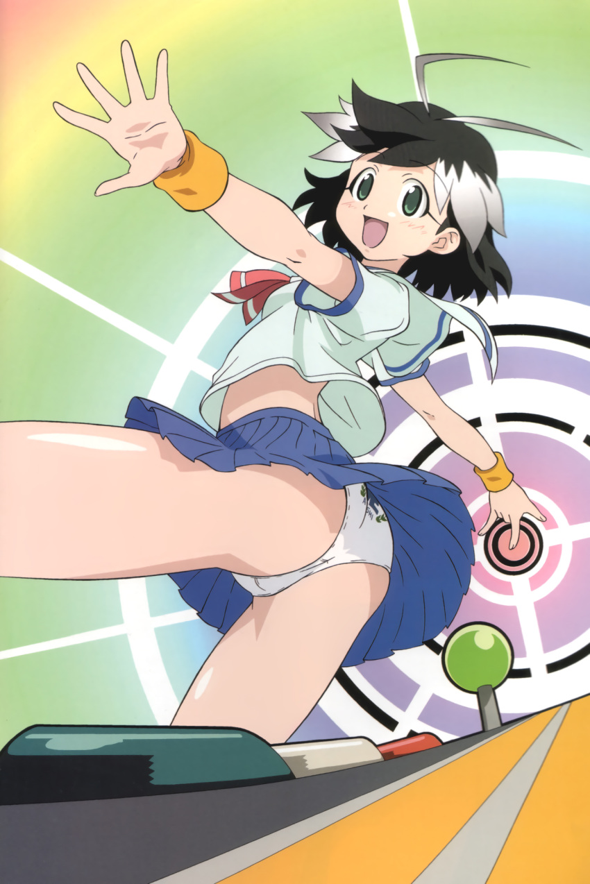 1girl, antenna_hair, arcade_gamer_fubuki, ass, black_hair, highres, official_art, open_mouth