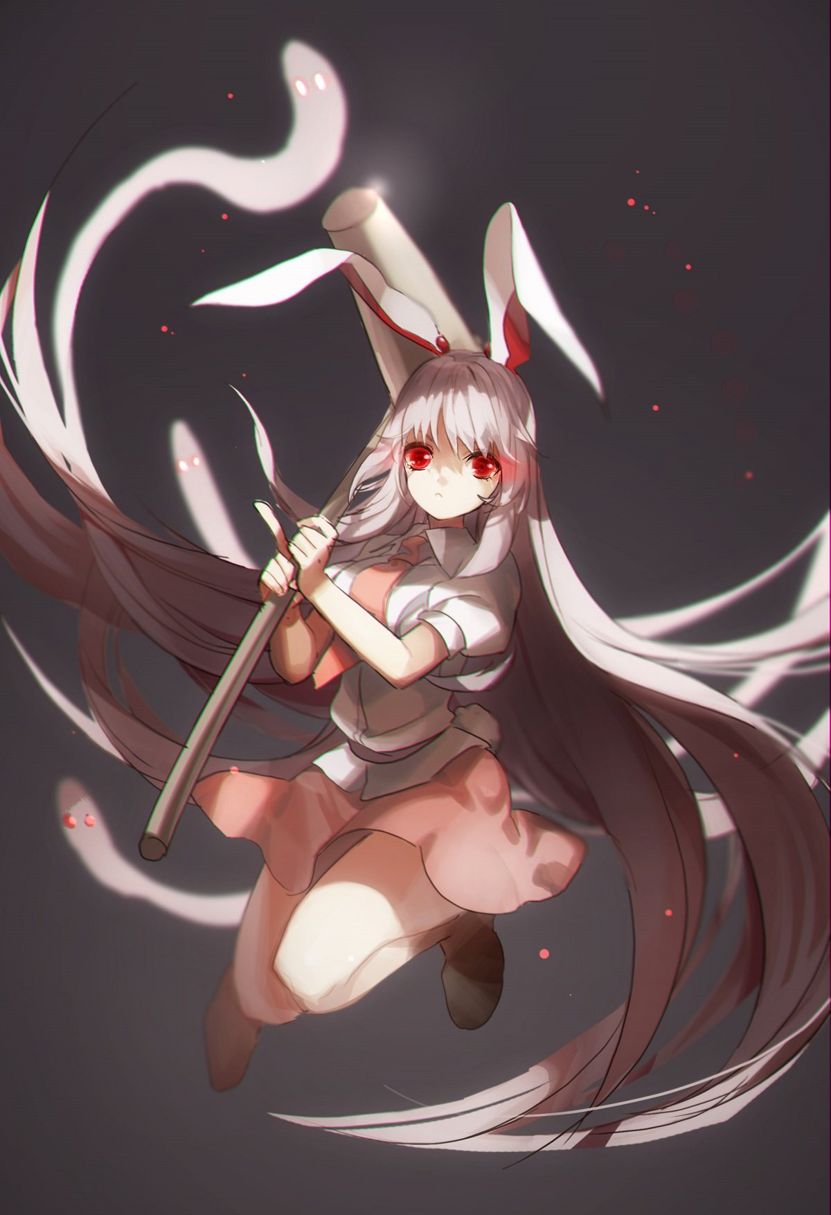 1girl, :<, alternate_hair_color, animal_ears, bent_knees, bunny_girl, bunny_tail, closed_mouth