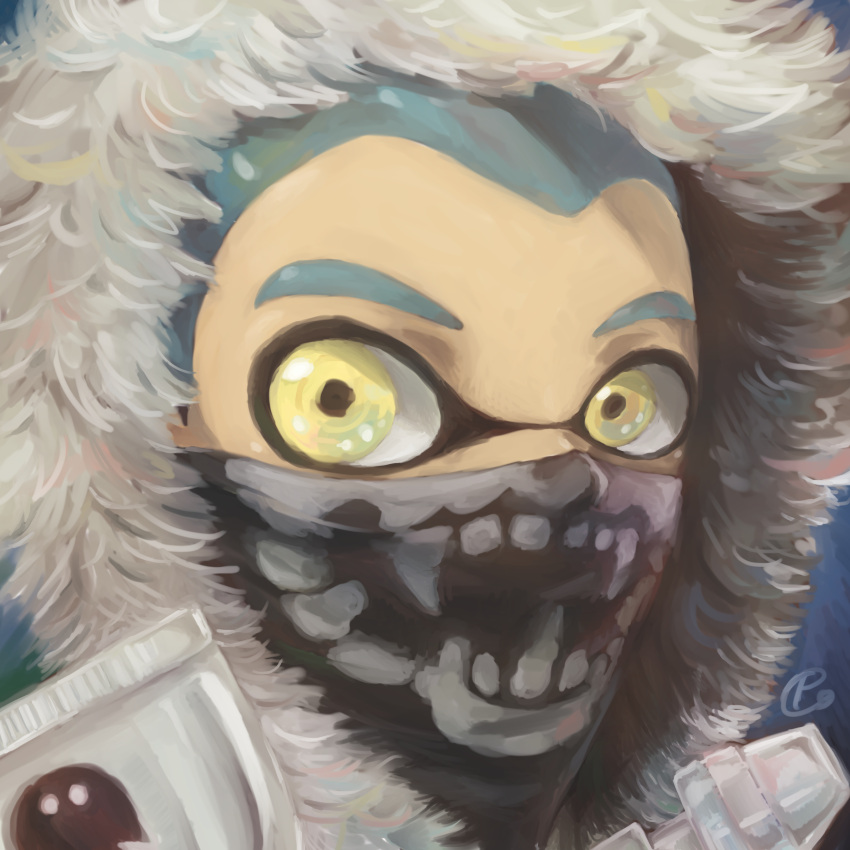 1boy, absurdres, aerospray_(splatoon), bandana_over_mouth, blue_hair, close-up, commentary_request, domino_mask, highres, inkling, looking_at_viewer, male_focus, mask, pco_(pi_co888), portrait, solo, splatoon, yellow_eyes