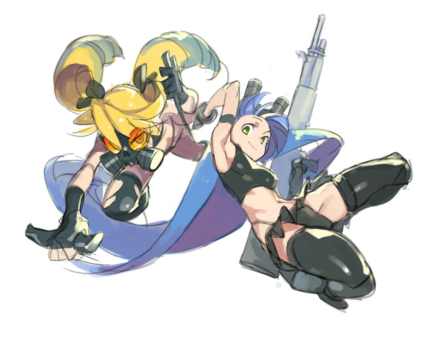 2girls, azuki_(azuki-taste), bikini, black_gloves, black_legwear, blonde_hair, blue_hair, drill_hair