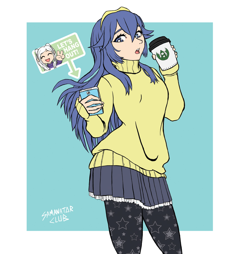 2girls, artist_name, blue_eyes, blue_hair, casual, cellphone, closed_eyes, coffee, coffee_cup, english, female, female_my_unit_(fire_emblem:_kakusei), fire_emblem, fire_emblem:_kakusei, headband, long_hair, lucina, multiple_girls, my_unit_(fire_emblem:_kakusei), open_mouth, pantyhose, phone, print_legwear, samanator_club, signature, skirt, smartphone, smile, star, star_print, twintails, white_hair