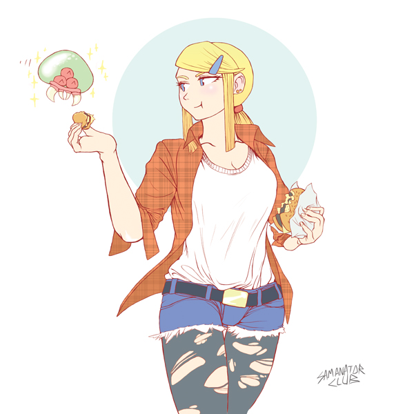 1girl, artist_name, blonde_hair, blue_eyes, breasts, casual, eating, female, food, hair_ornament, hamburger, long_hair, metroid, metroid_(creature), pantyhose, ponytail, samanator_club, samus_aran, shorts, sparkle, torn_clothes, torn_pantyhose