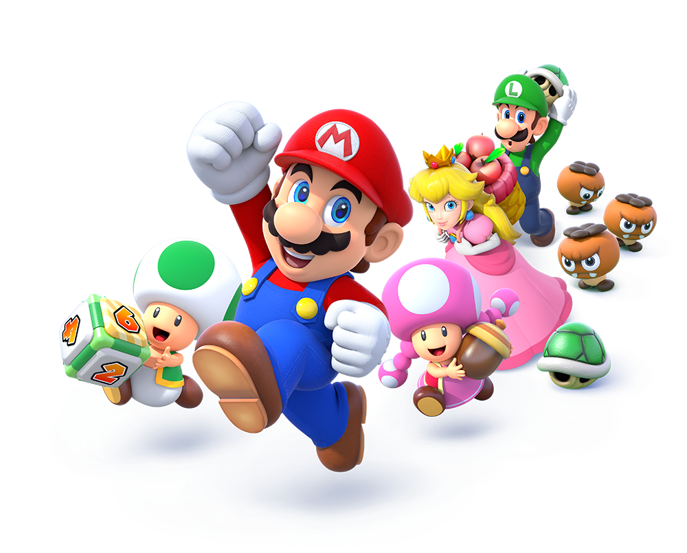 acorn, dice, goomba, luigi, mario, super_mario_bros., mario_party, mario_party:_star_rush, official_art, princess_peach, super_mario_bros., toad, turtle_shell