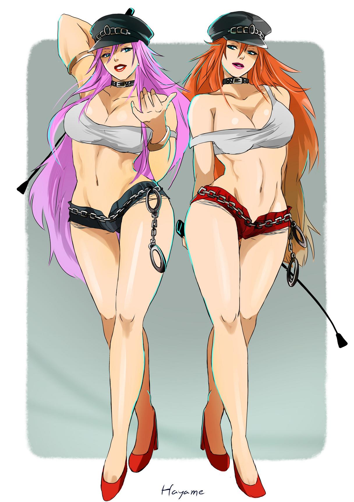 2girls, arm_up, arms_behind_back, blue_eyes, bracelet, breasts, cabbie_hat, collar