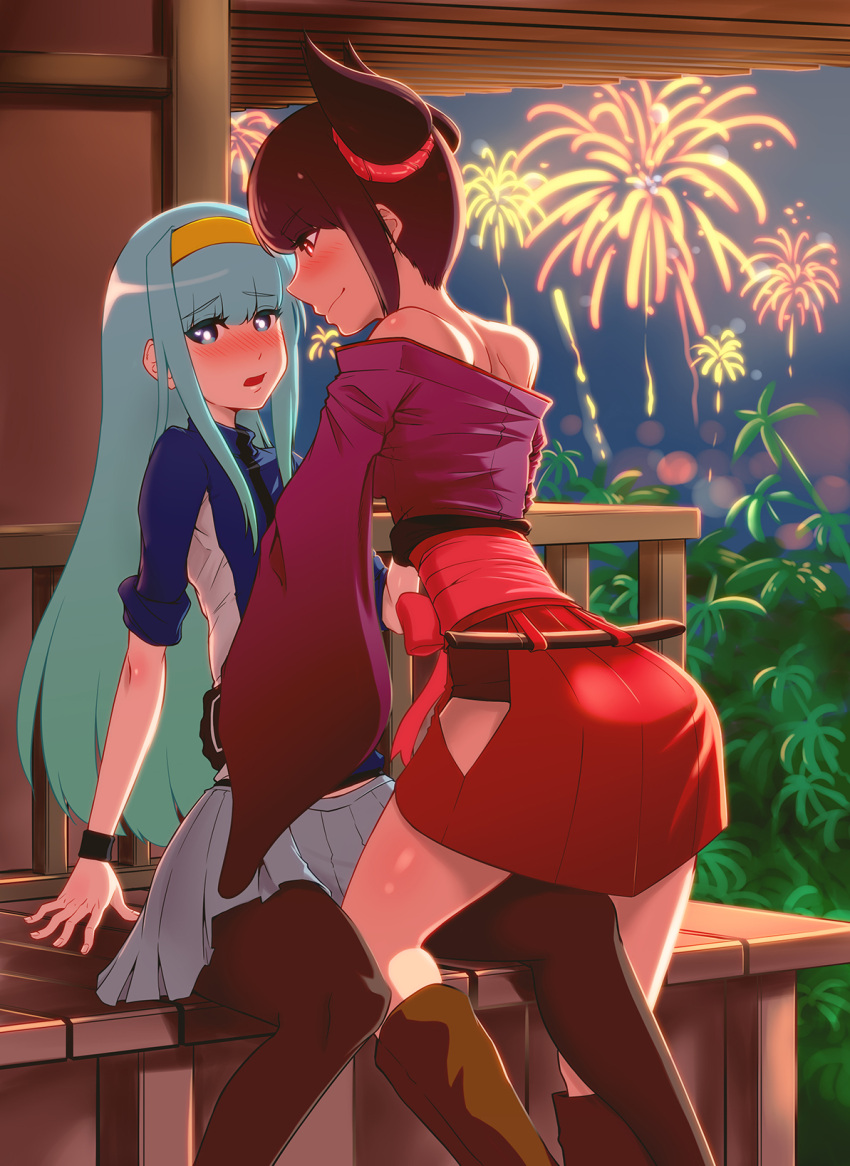 2girls, aqua_hair, bare_shoulders, black_hair, black_legwear, blue_eyes, boots, breasts
