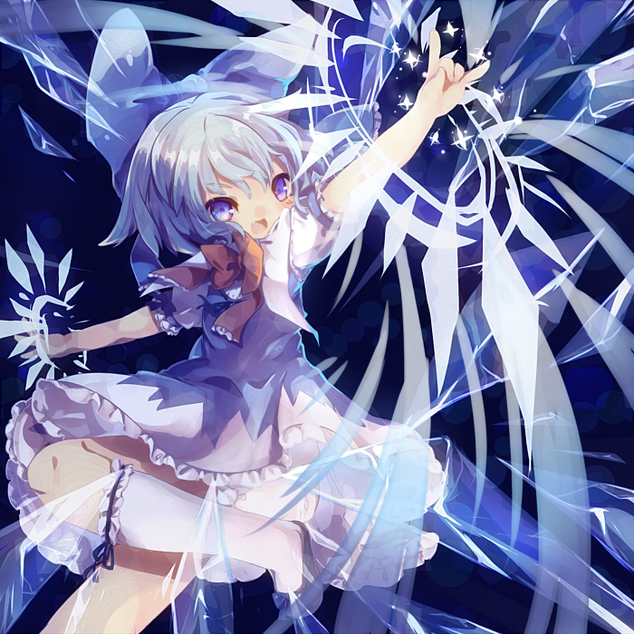 1girl, blue_eyes, blue_hair, blush, bow, cirno, fang, frills