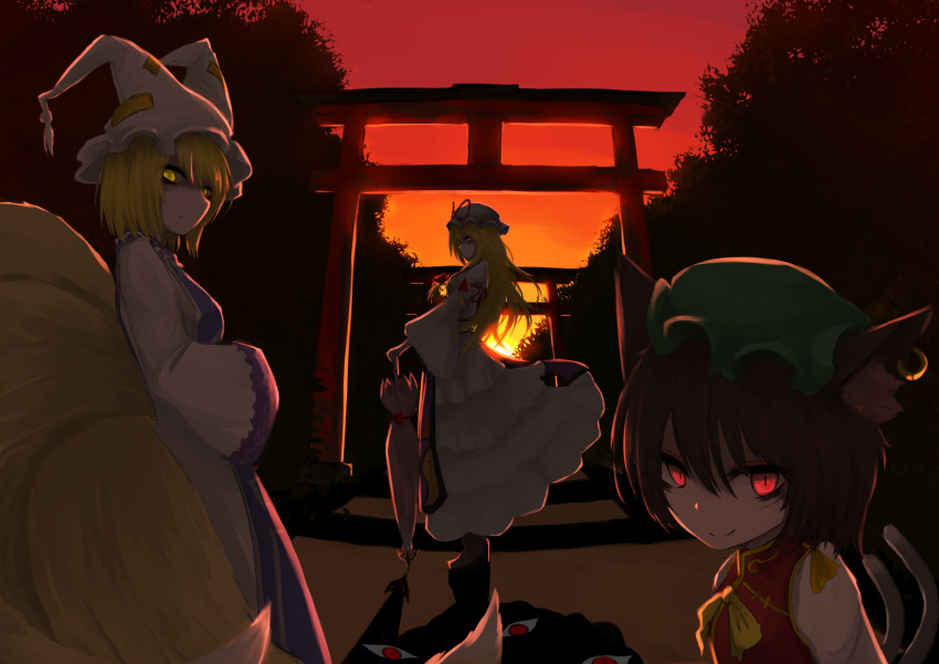 3girls, aizettonagi, animal_ears, arm_ribbon, blonde_hair, boots, brown_hair, cat_ears