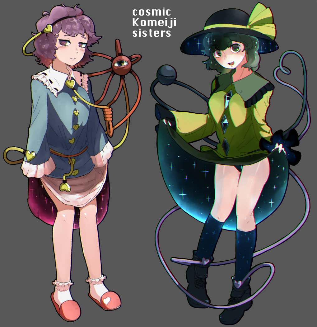 2girls, blush, bow, green_eyes, green_hair, grey_background, hairband, hat