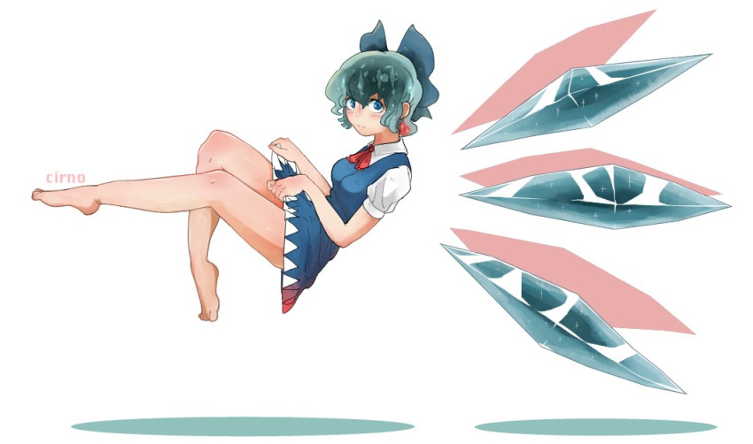 1girl, bare_legs, barefoot, blue_dress, blue_eyes, blue_hair, character_name, cirno, dress, floating, full_body, ice, ice_wings, large_wings, looking_at_viewer, sakagami_(oshmkfa120), shadow, short_dress, short_hair, skirt_hold, solo, touhou, wings