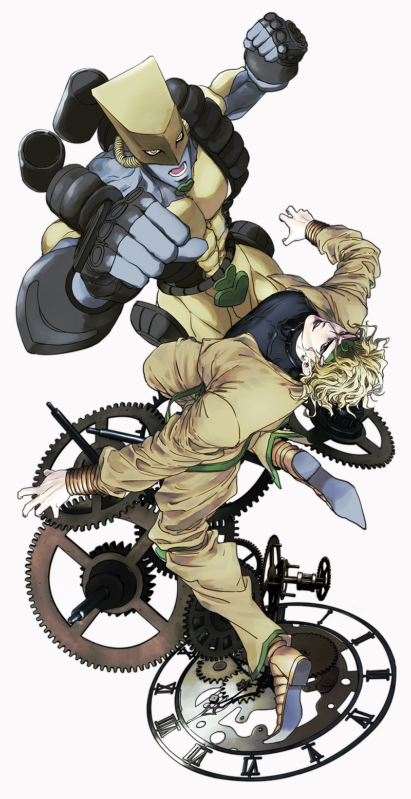 1boy, black_lipstick, blonde_hair, clock, collar, dio_brando, gears, headband, heart, highres, jacket, jojo_no_kimyou_na_bouken, lipstick, makeup, male_focus, pointy_shoes, shoes, stand_(jojo), the_world, tuna1812, yellow_eyes