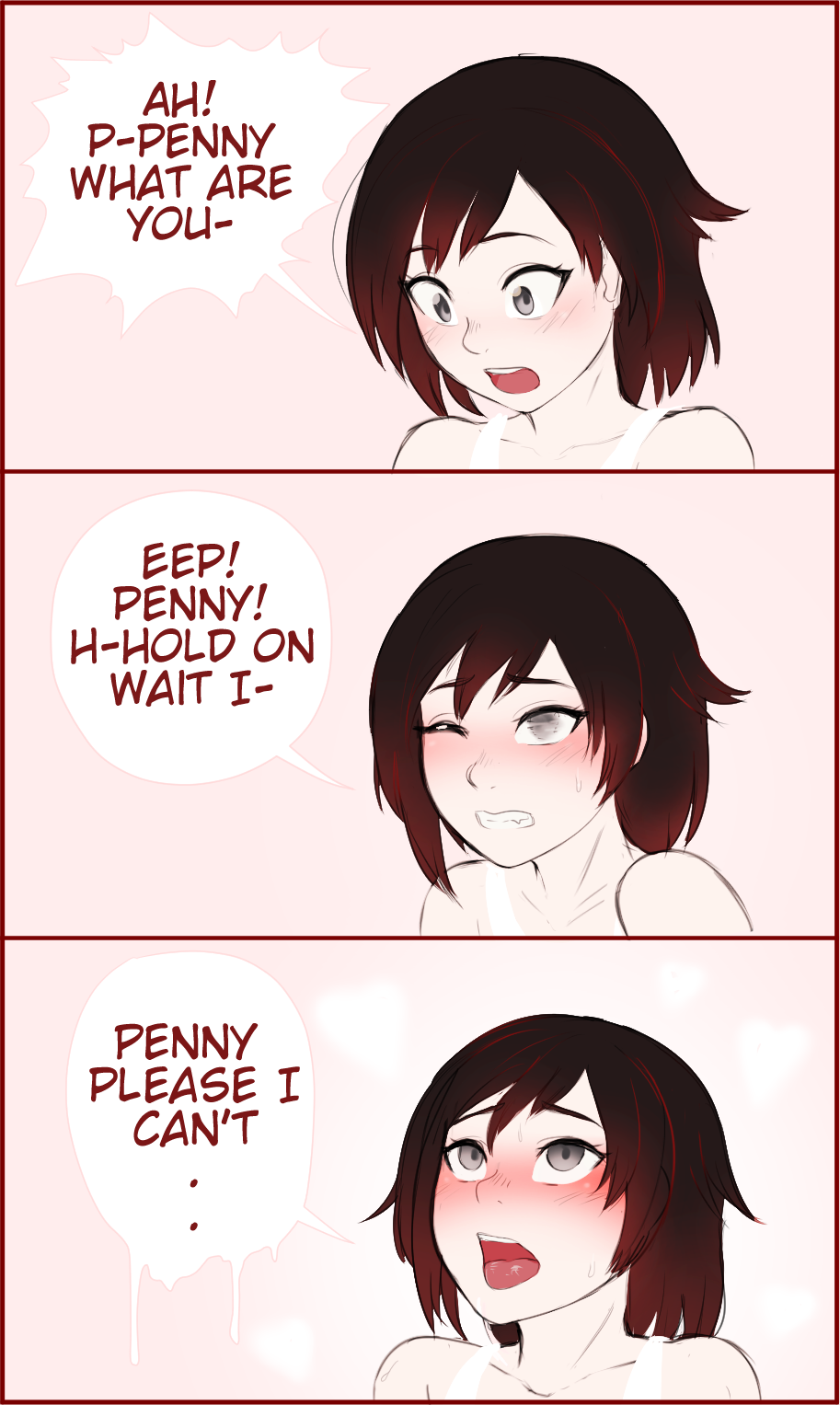 1girl, ahegao, blush, clenched_teeth, comic, english, grey_eyes, heart