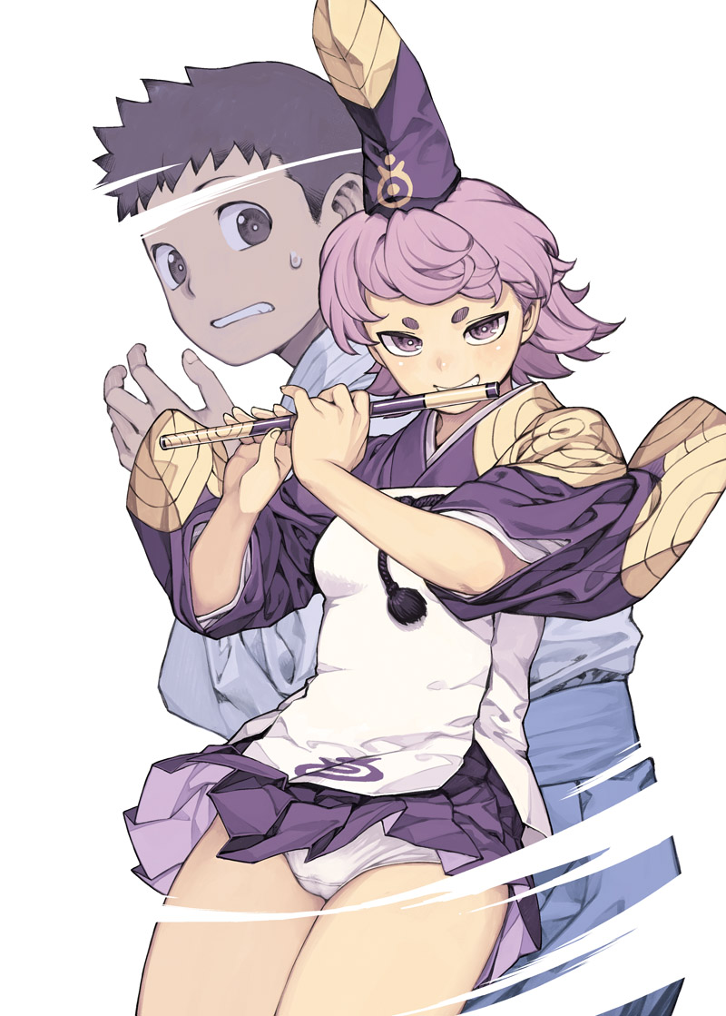 1boy, 1girl, cover, cover_page, cowboy_shot, flute, hamada_yoshikazu, hat, hikimayu, instrument, japanese_clothes, kagami_kazuya, kyouka_(tsugumomo), looking_at_viewer, music, panties, pantyshot, pink_eyes, playing_instrument, pleated_skirt, purple_hair, short_hair, simple_background, skirt, sweatdrop, tate_eboshi, thighs, tsugumomo, underwear, white_background, white_panties, wide_sleeves