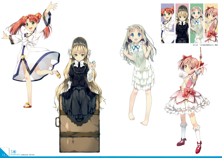 10s, 2011, 4girls, absurdres, ano_hi_mita_hana_no_namae_wo_bokutachi_wa_mada_shiranai., bare_legs, barefoot, black_dress